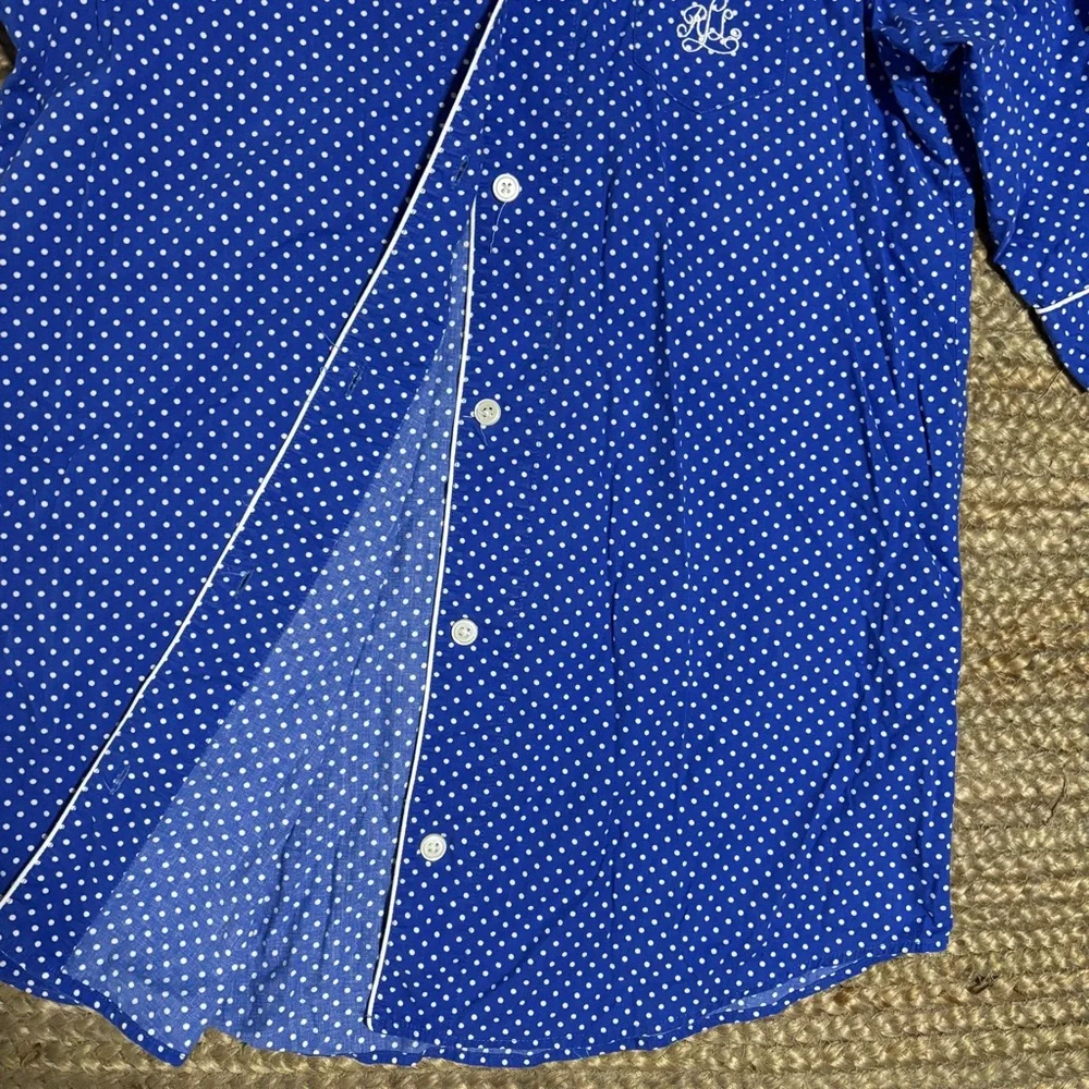 Lauren Ralph Lauren Embroidered LRL Blue Polka Dot Button Down Nightgown - Picture 4 of 4